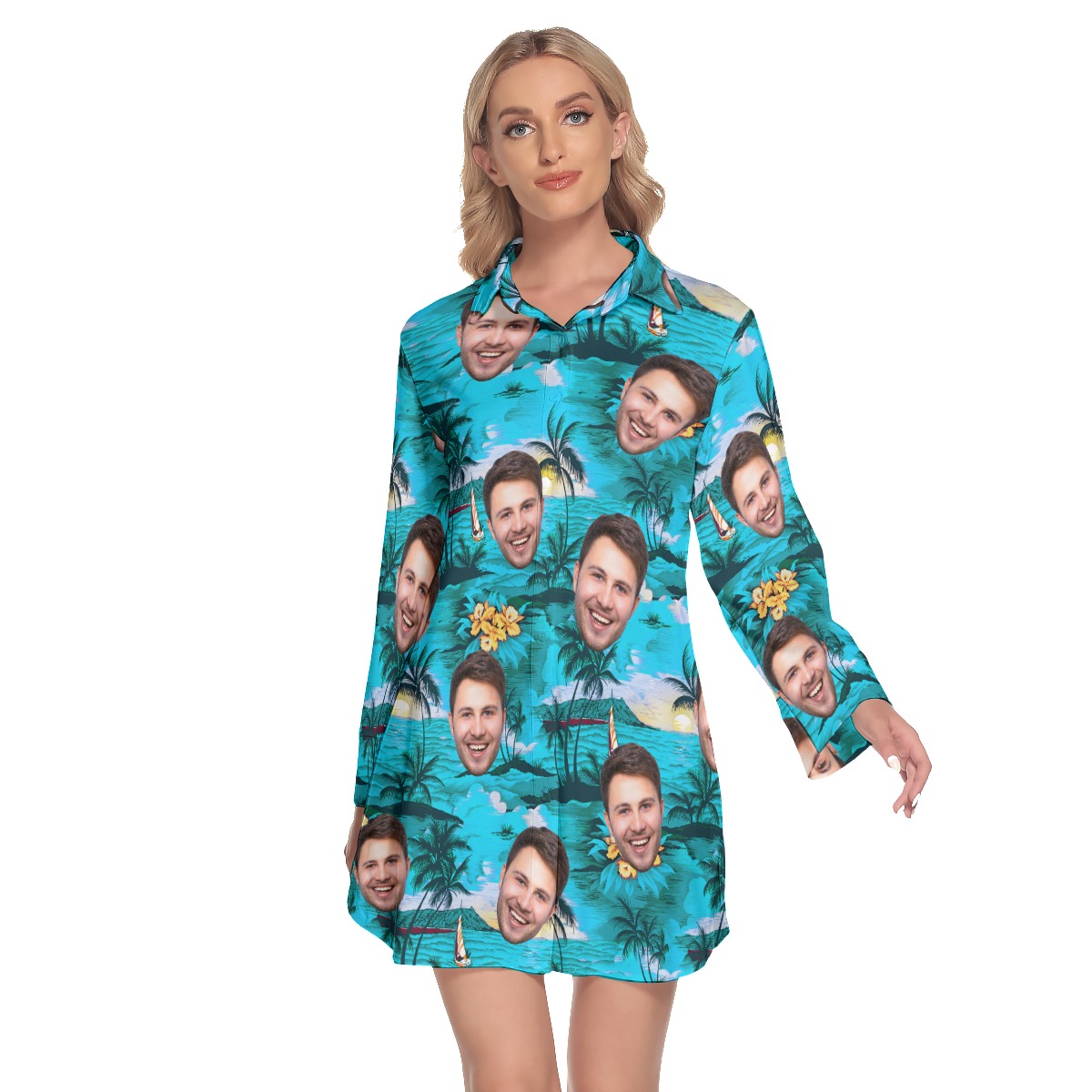 Custom Multi Face Lapel Long Sleeve Beach Dress - variant image 1