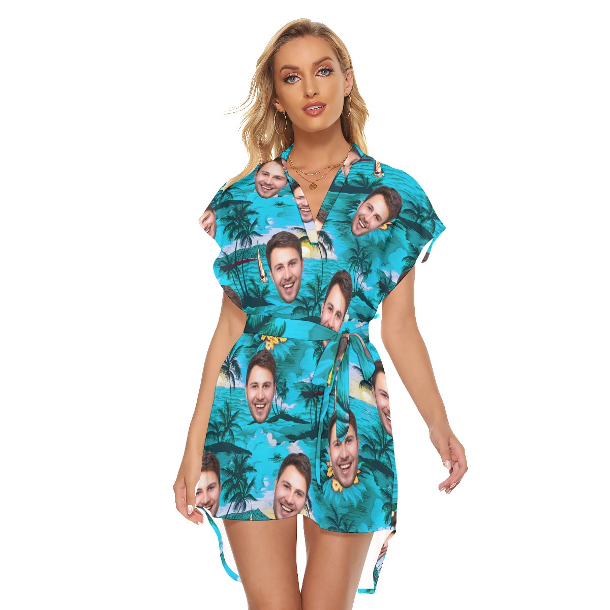Custom Face Beach Scenery Hawaiian Dress With Belt - variant image 1