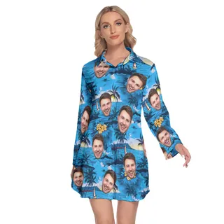 Pacific Legend Blue Lapel Long Sleeve Dress With Custom Face
