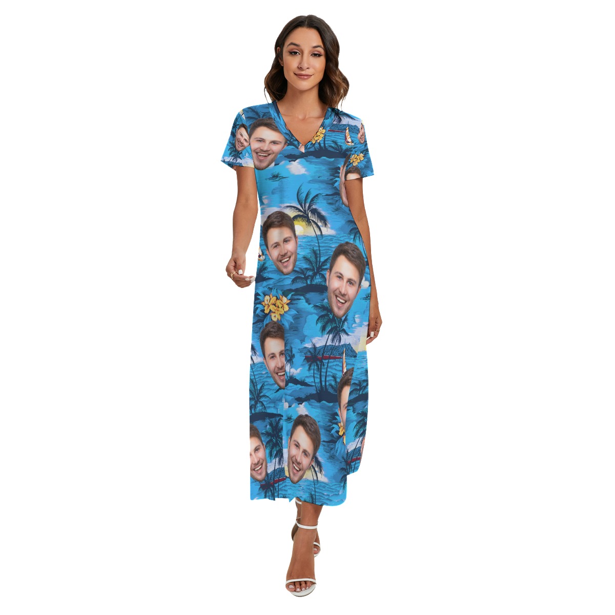 Cool Custom Face Blue Hawaiian Dress With Side Slit - variant image 1