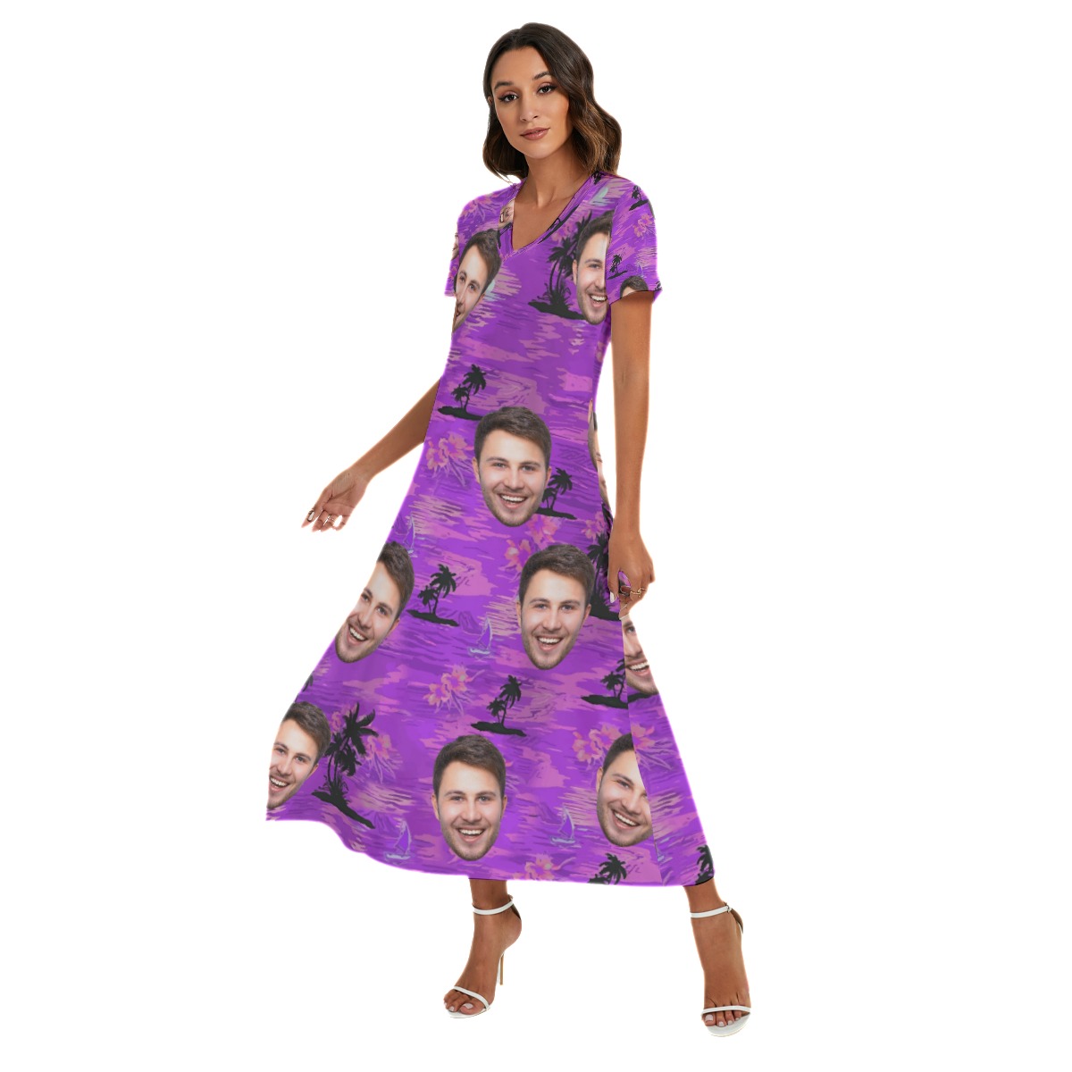 Purple Ocean Custom Face Hawaiian Dress For Ladies