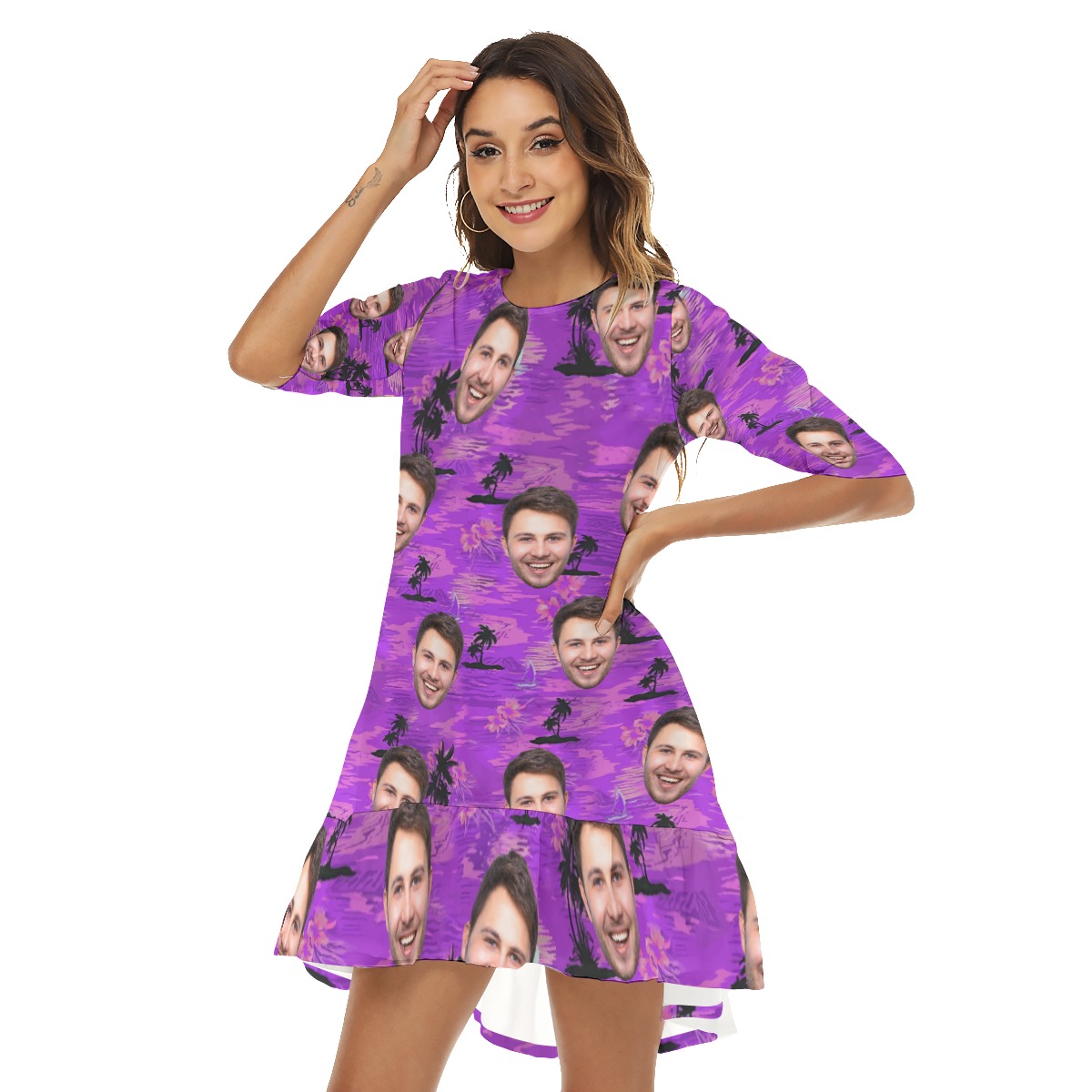Purple Ocean Hawaiian Beach Dress With Multi Face