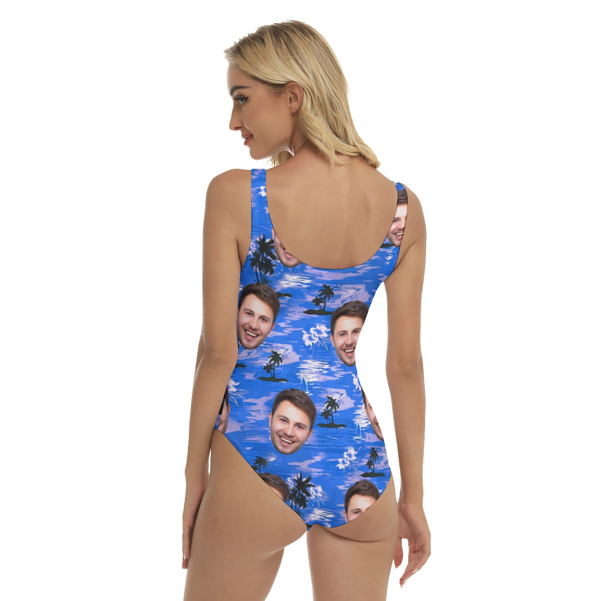 Blue Beach Hawaiian Print One Piece Swimsuit With Multiple Faces