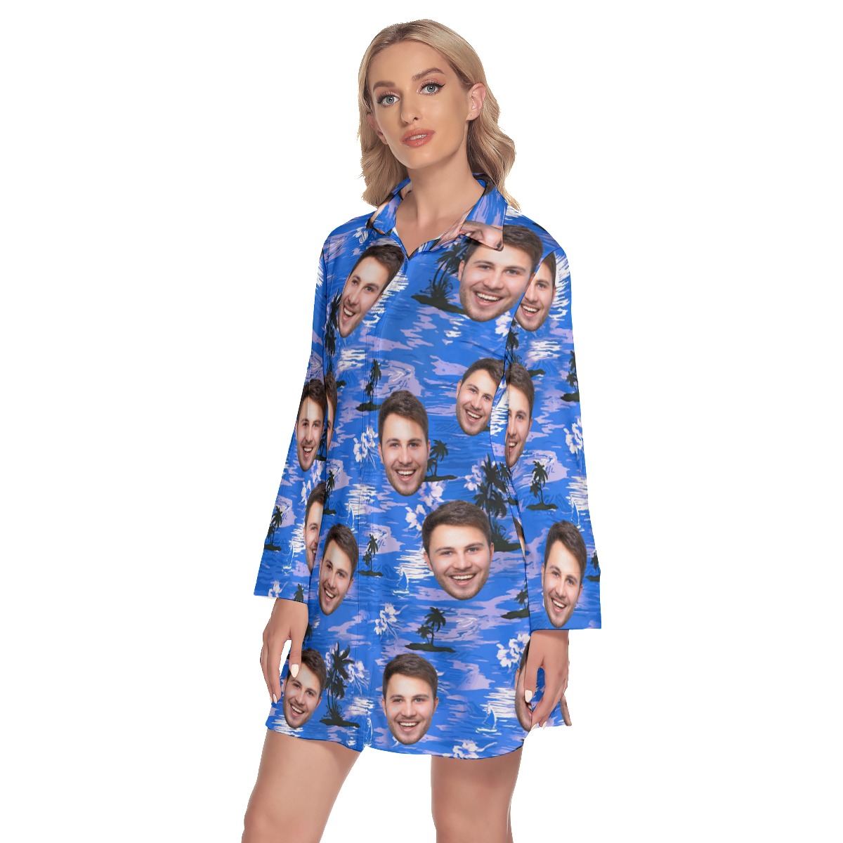 Blue Beach Hawaiian Beach Dress With Multi Face