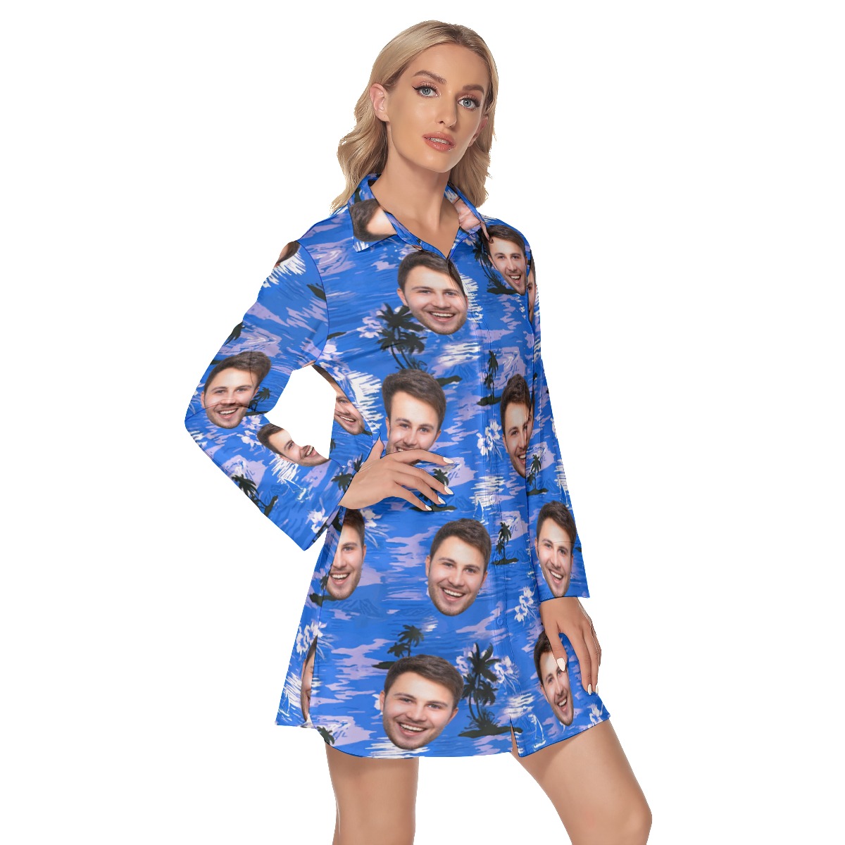 Blue Beach Hawaiian Beach Dress With Multi Face