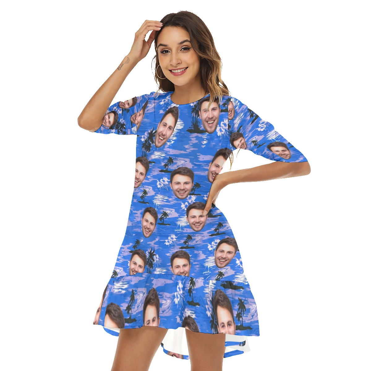 Blue Beach Custom Face Hawaiian Dress For Girls