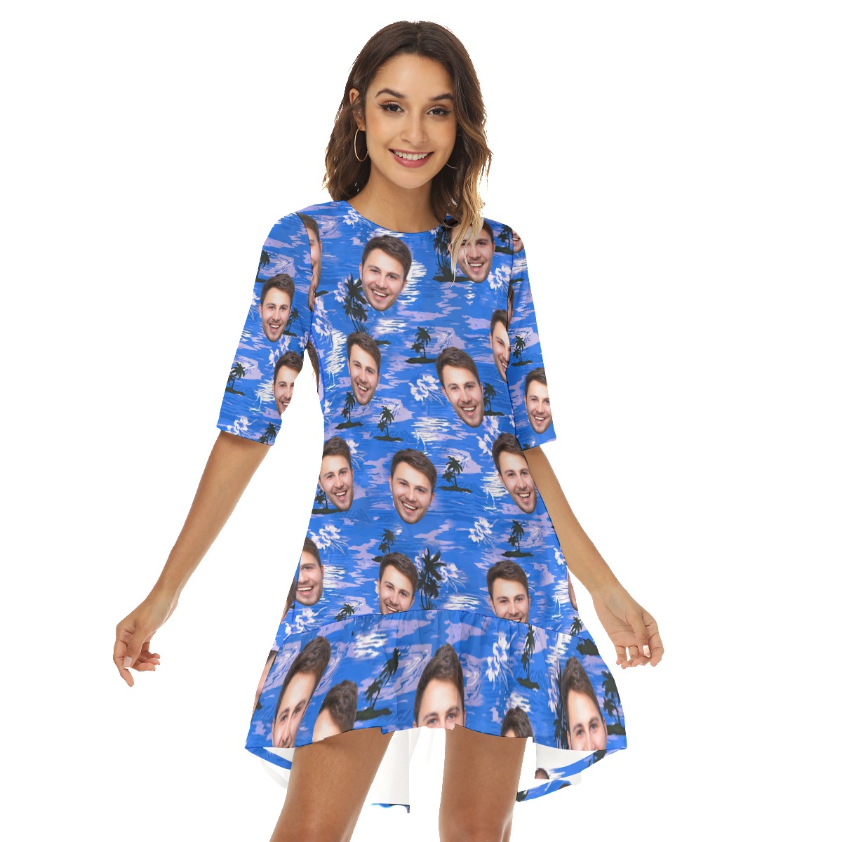 Blue Beach Custom Face Hawaiian Dress For Girls