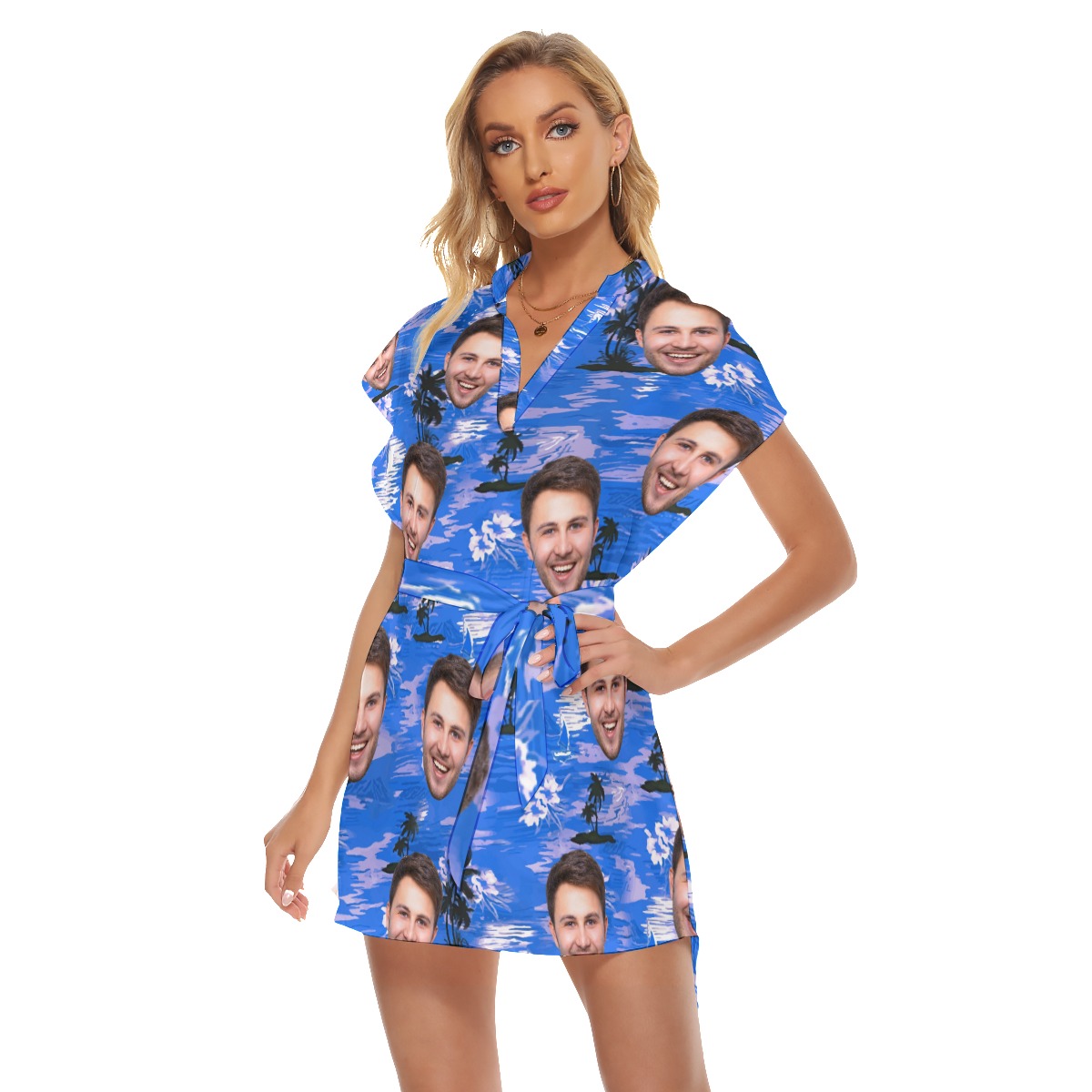 Blue Beach Hawaiian Dress With Custom Face