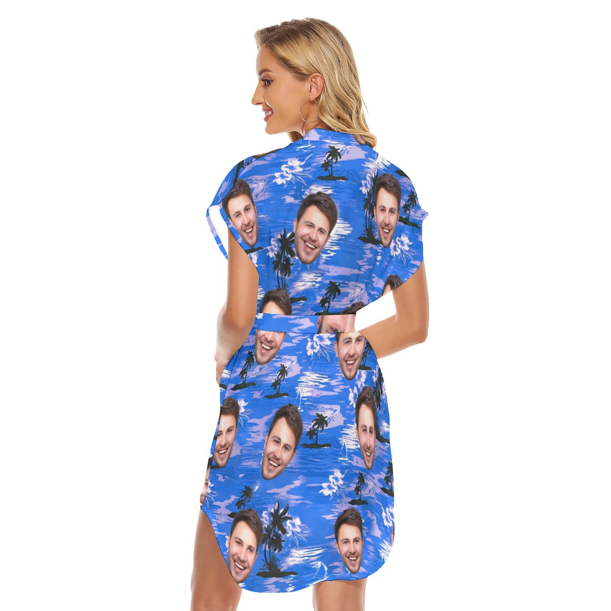 Blue Beach Hawaiian Dress With Custom Face