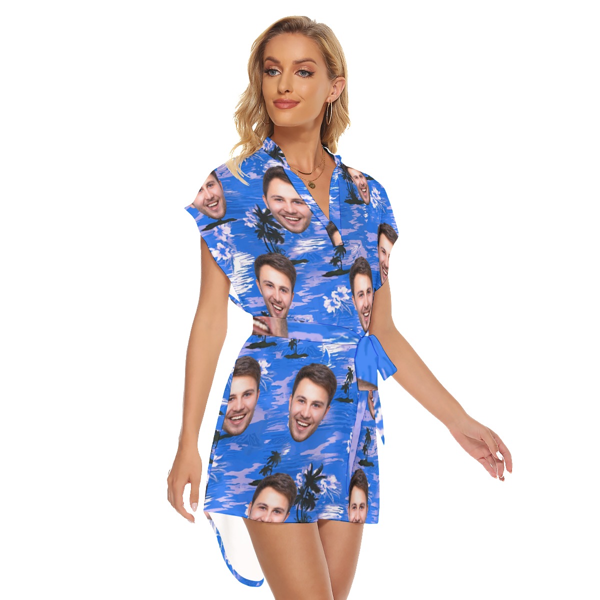 Blue Beach Hawaiian Dress With Custom Face