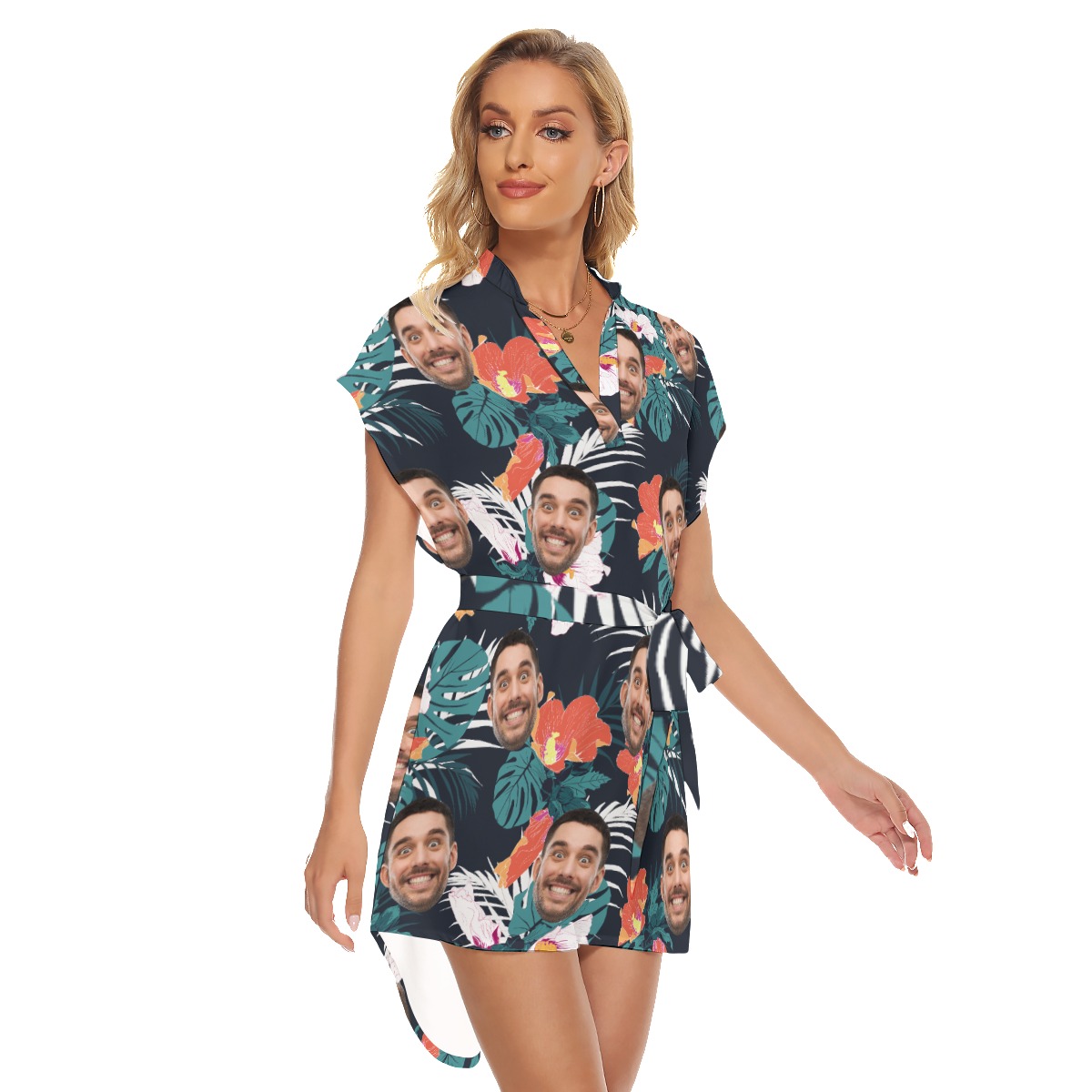 Women's Custom Face Hawaiian Dress With Waist Tie