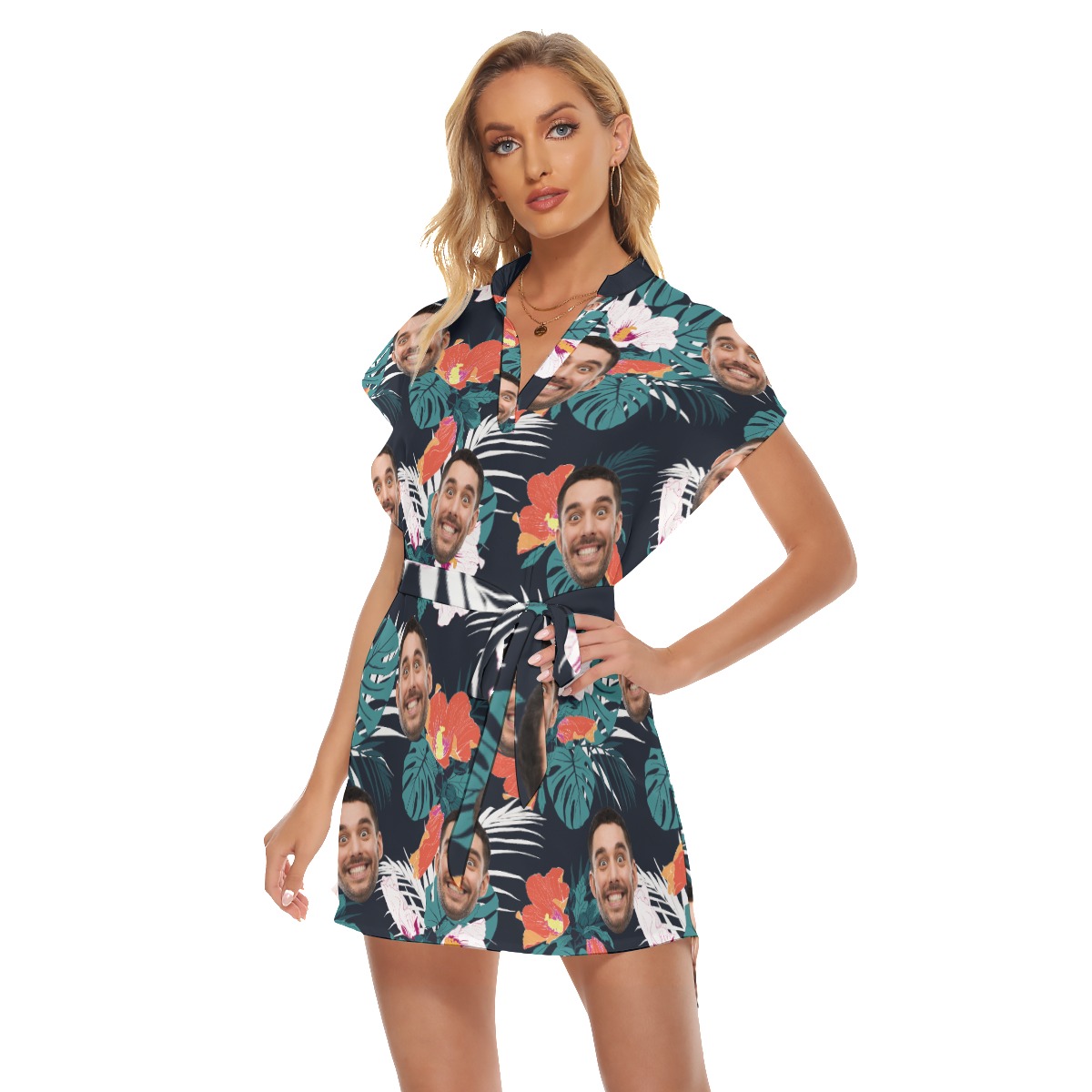 Women's Custom Face Hawaiian Dress With Waist Tie