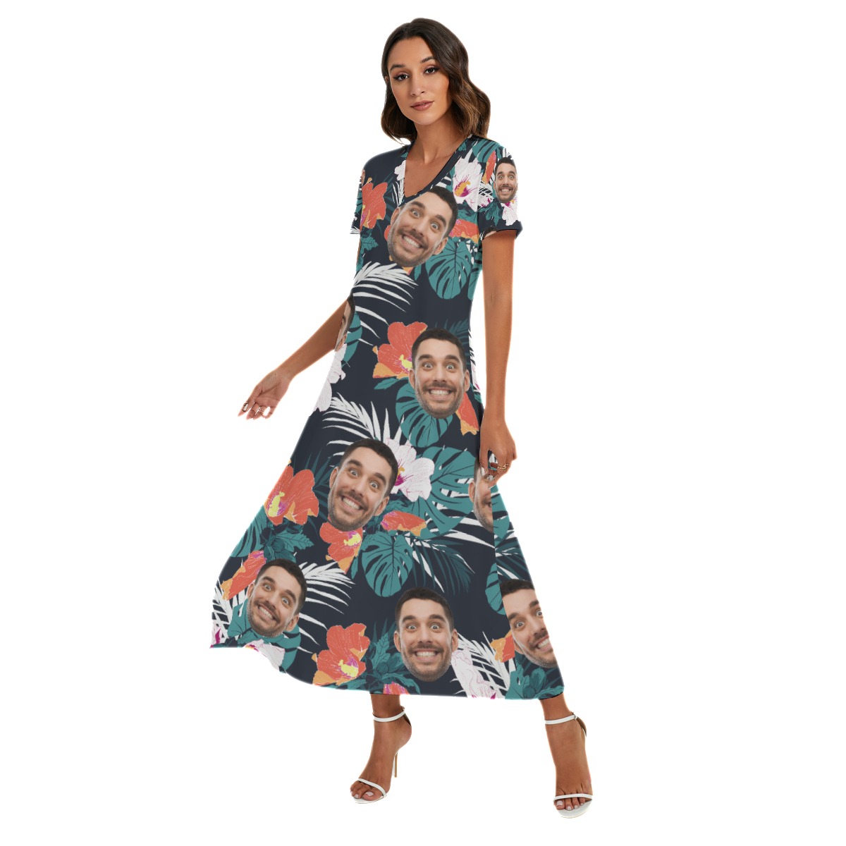 Custom Face Women's V-neck Dress With Side Slit