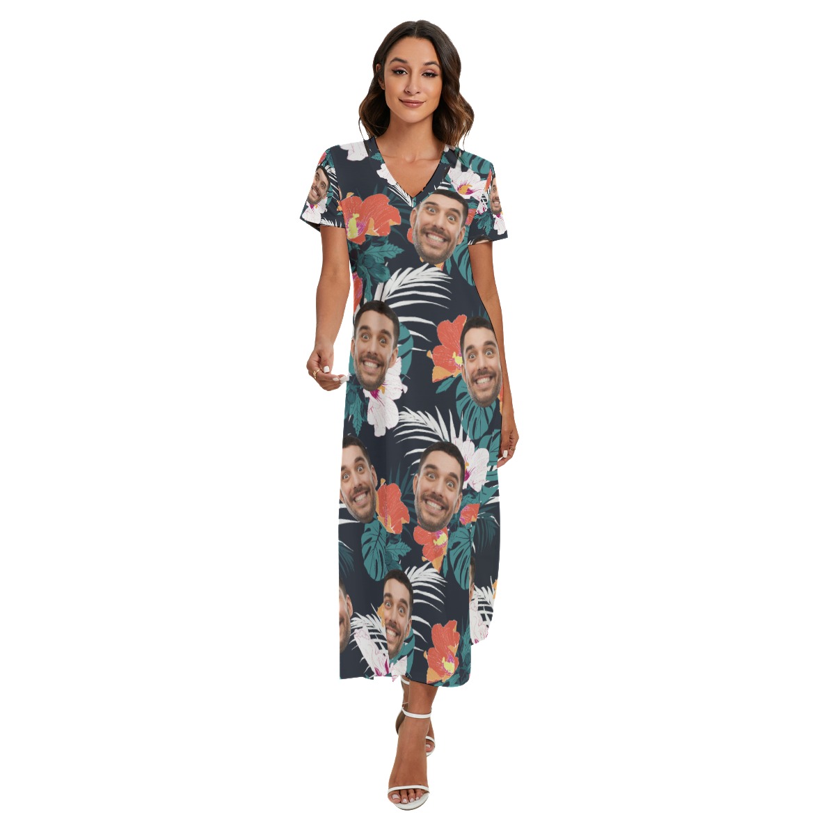 Custom Face Women's V-neck Dress With Side Slit