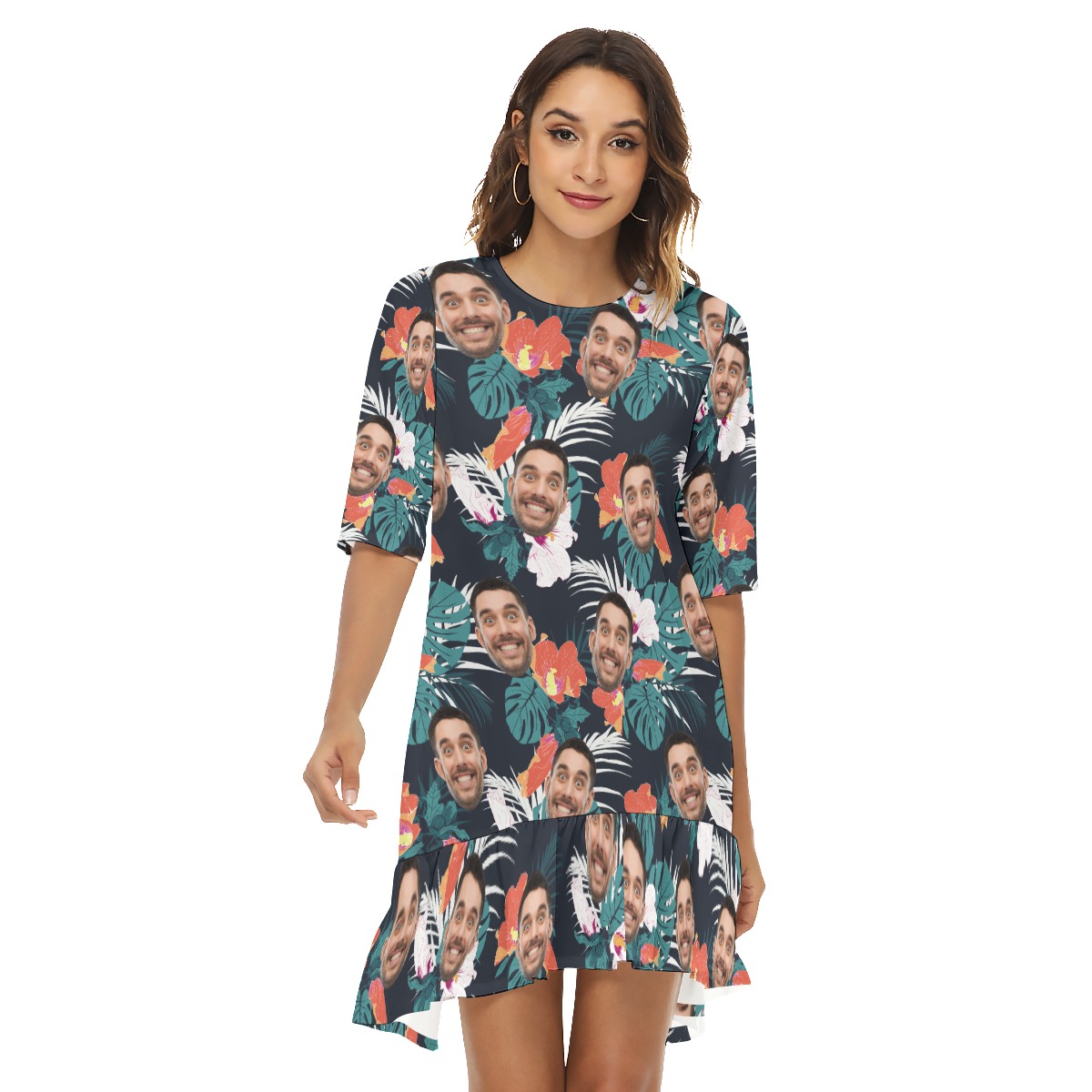 Custom Face Hawaiian Dress Half Sleeve With Ruffle Hem