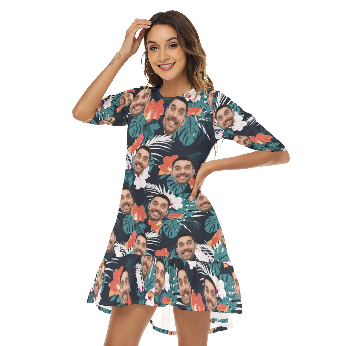 Custom Face Hawaiian Dress Half Sleeve With Ruffle Hem
