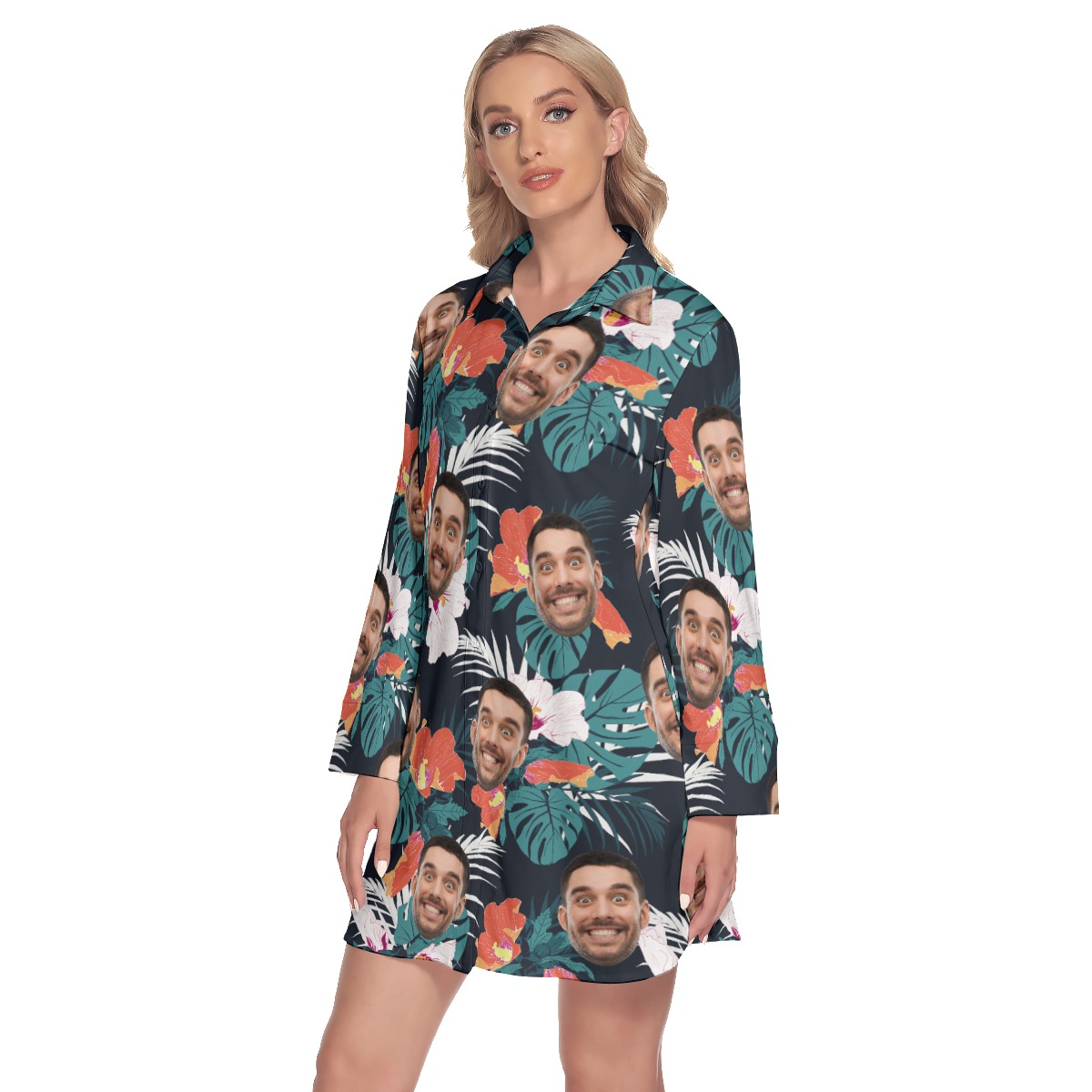 Custom Face Hawaiian Dress With Long Sleeve Collar