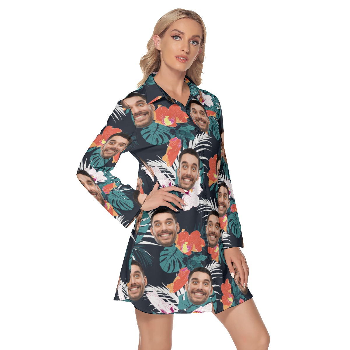 Custom Face Hawaiian Dress With Long Sleeve Collar