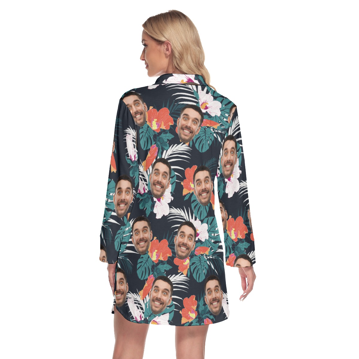 Custom Face Hawaiian Dress With Long Sleeve Collar