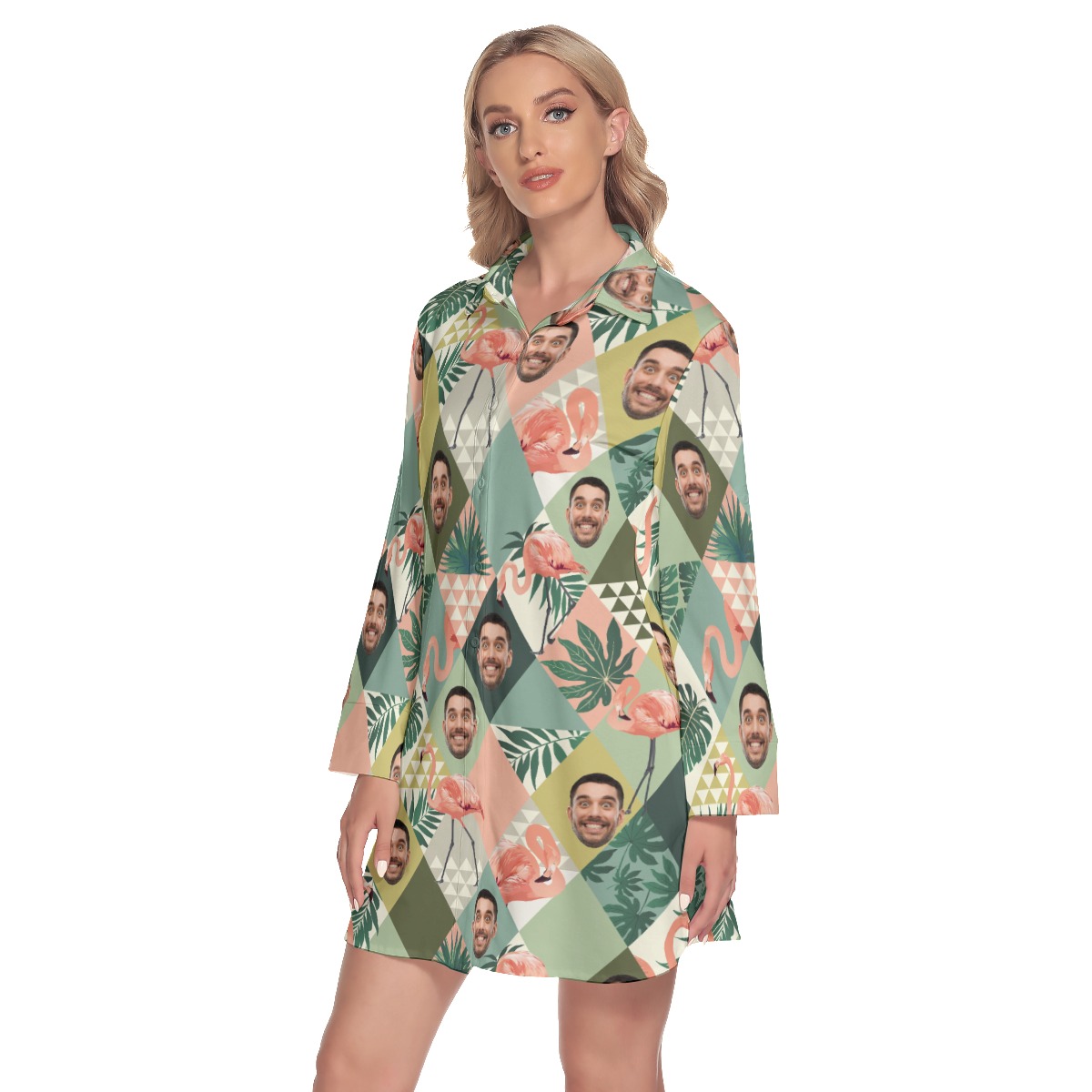 Funny Custom Face Flamingo Green Hawaiian Long Sleeve Shirt Dress