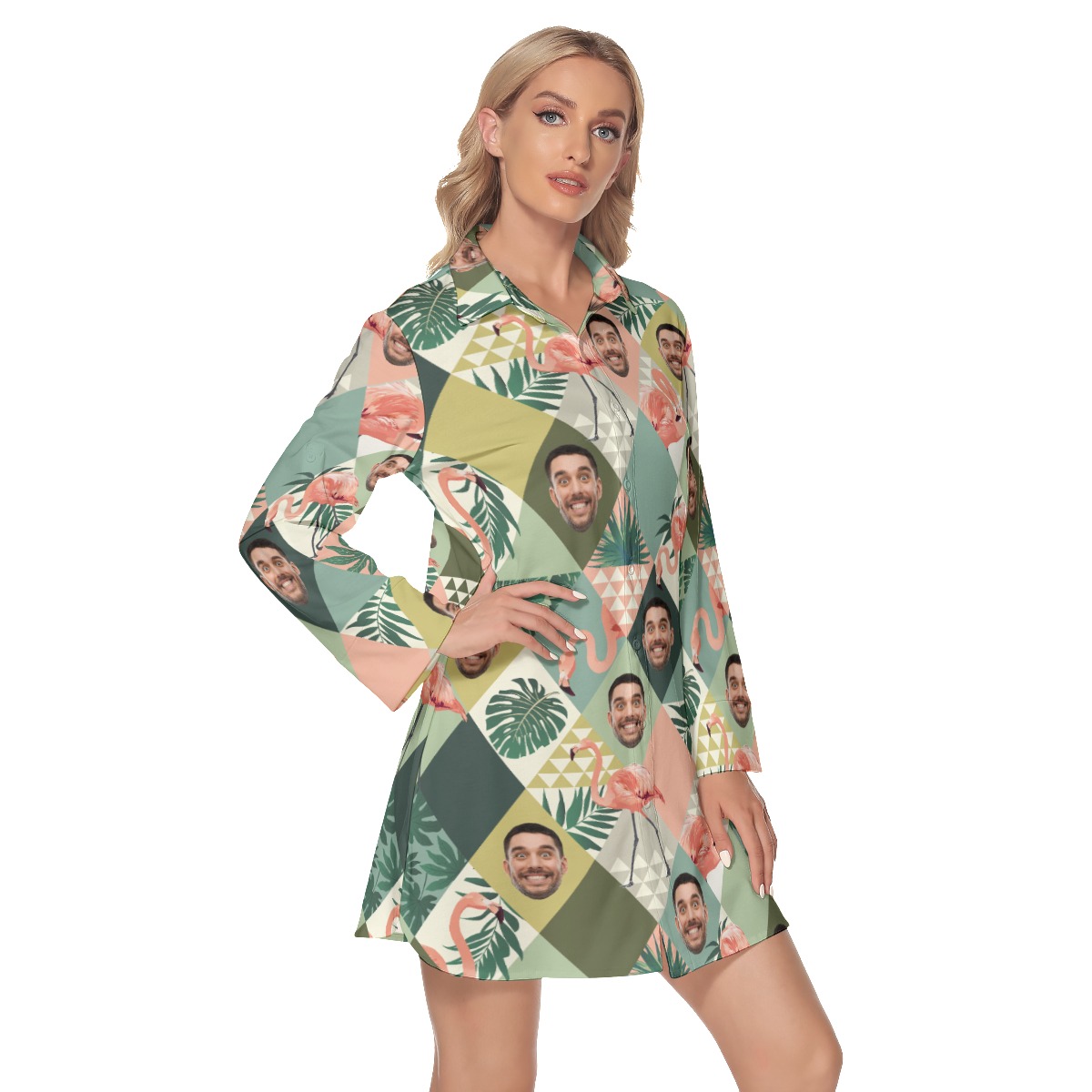 Funny Custom Face Flamingo Green Hawaiian Long Sleeve Shirt Dress