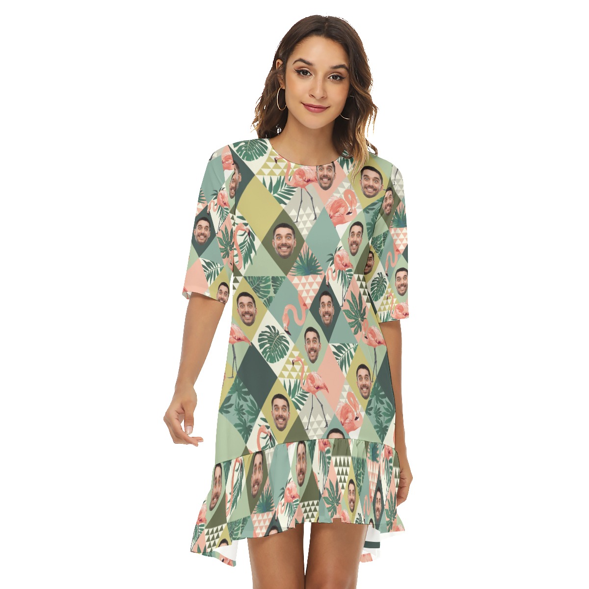 Custom Face Flamingo Green Hawaiian Dress With Ruffle Hem