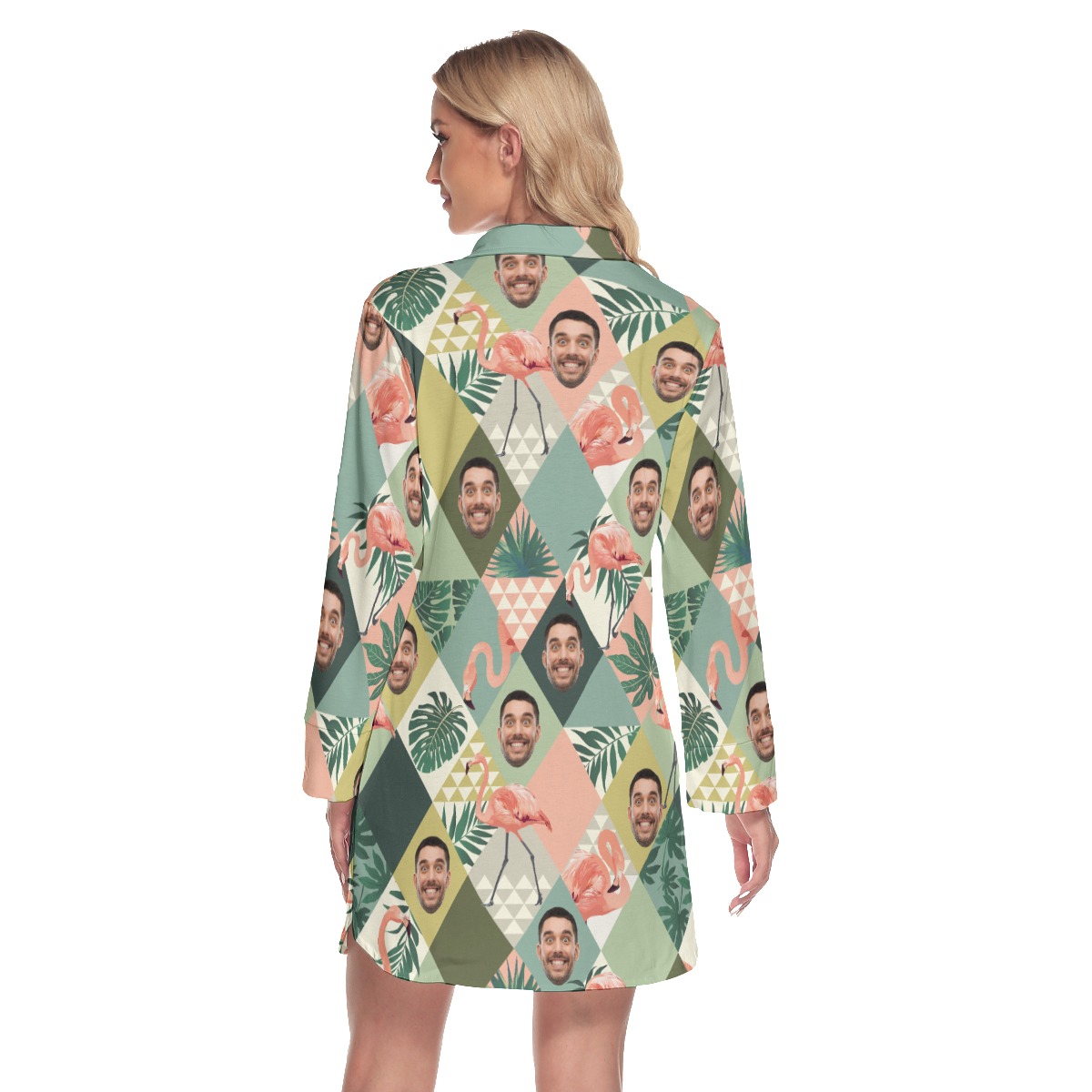 Custom Face Flamingo Green Hawaiian Dress With Ruffle Hem