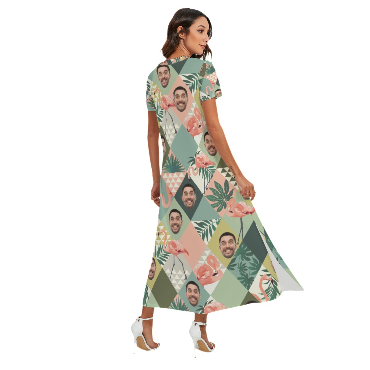 Custom Face Flamingo Green Hawaiian V-neck Dress With Side Slit