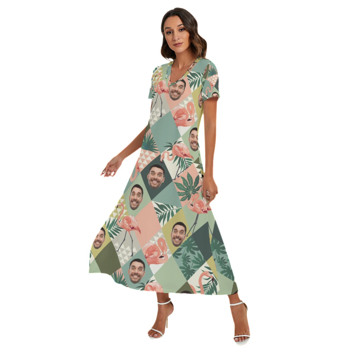 Custom Face Flamingo Green Hawaiian V-neck Dress With Side Slit