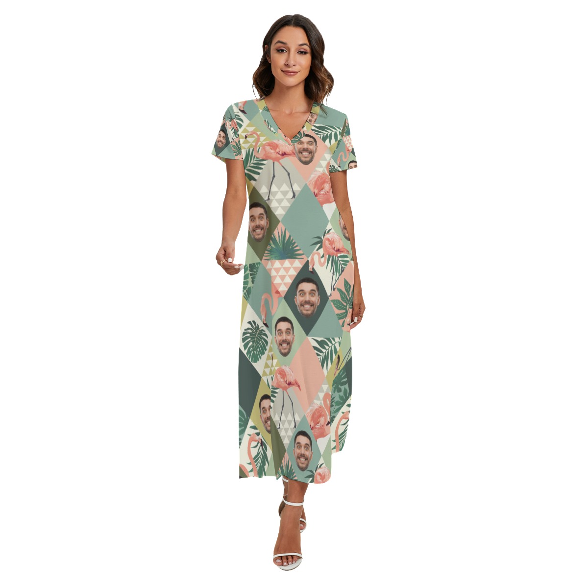 Custom Face Flamingo Green Hawaiian V-neck Dress With Side Slit