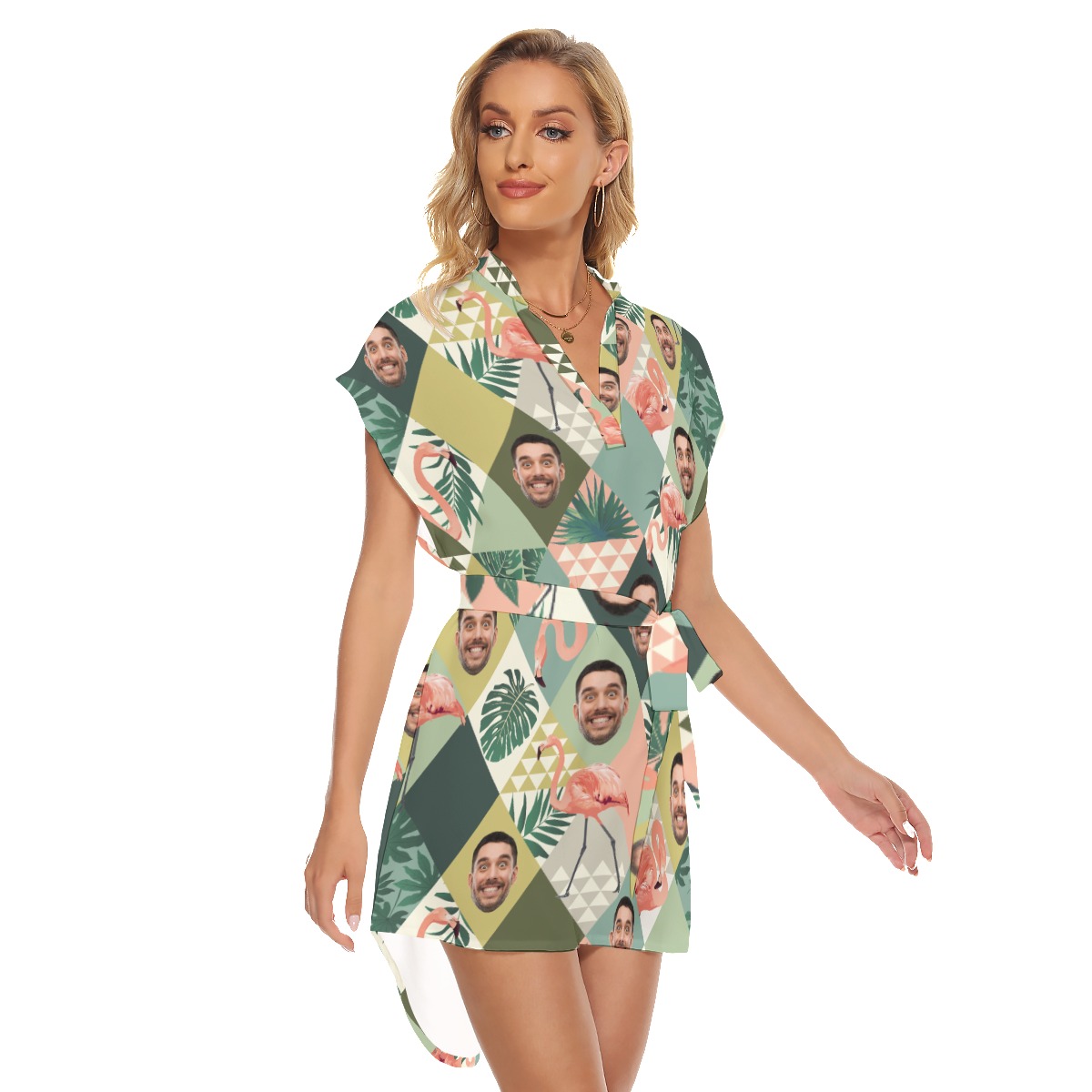 Funny Custom Face Flamingo Green Hawaiian Dress With Belt For Women