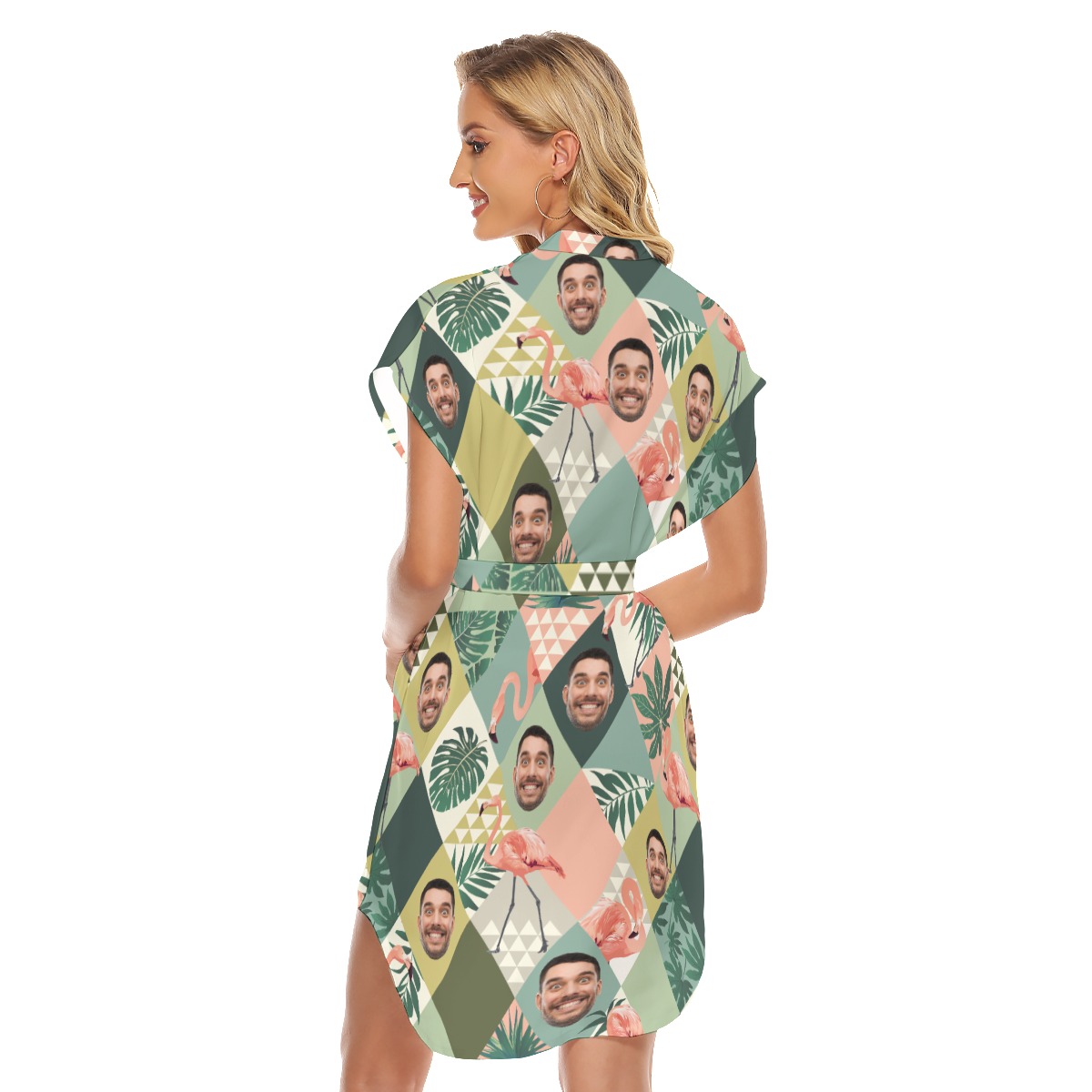 Funny Custom Face Flamingo Green Hawaiian Dress With Belt For Women