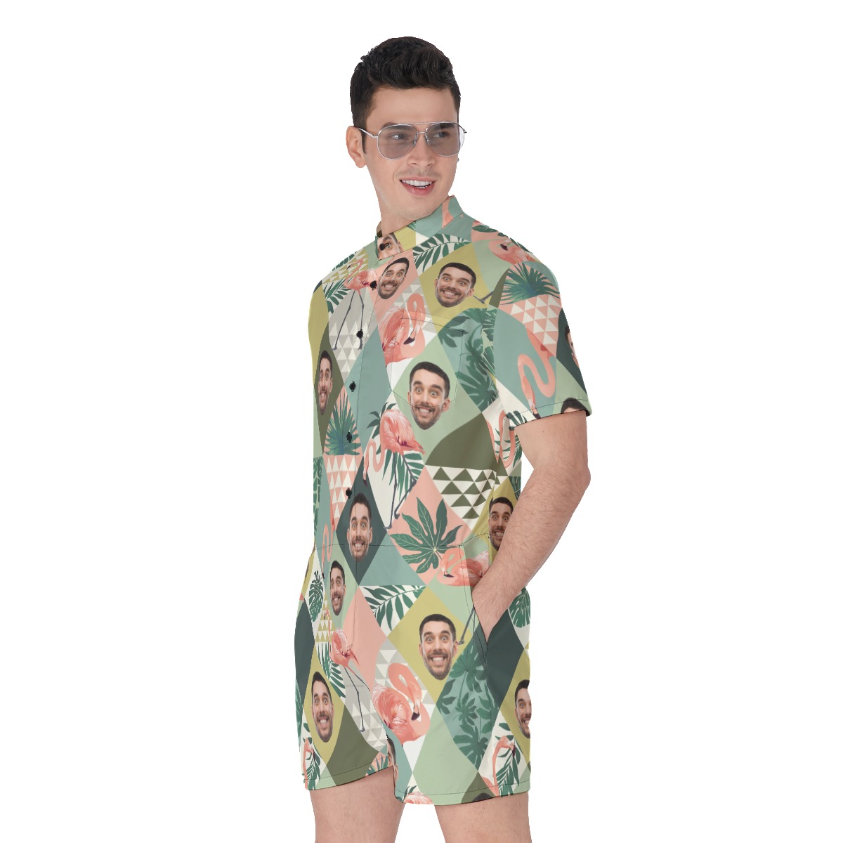 Flamingo Custom Face Green Hawaiian Romper For Men
