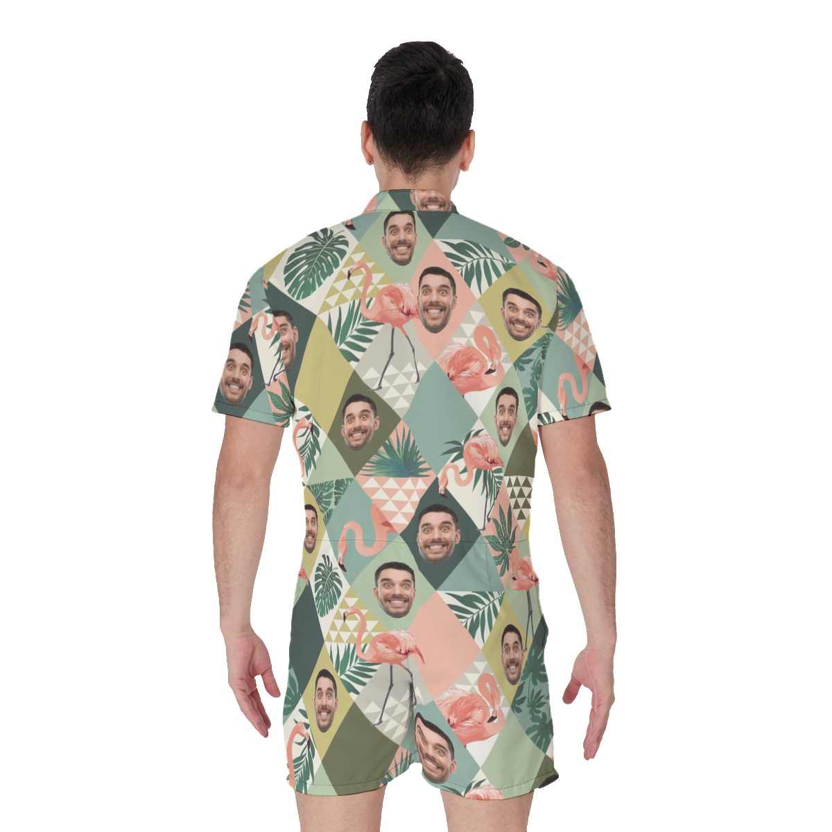 Flamingo Custom Face Green Hawaiian Romper For Men