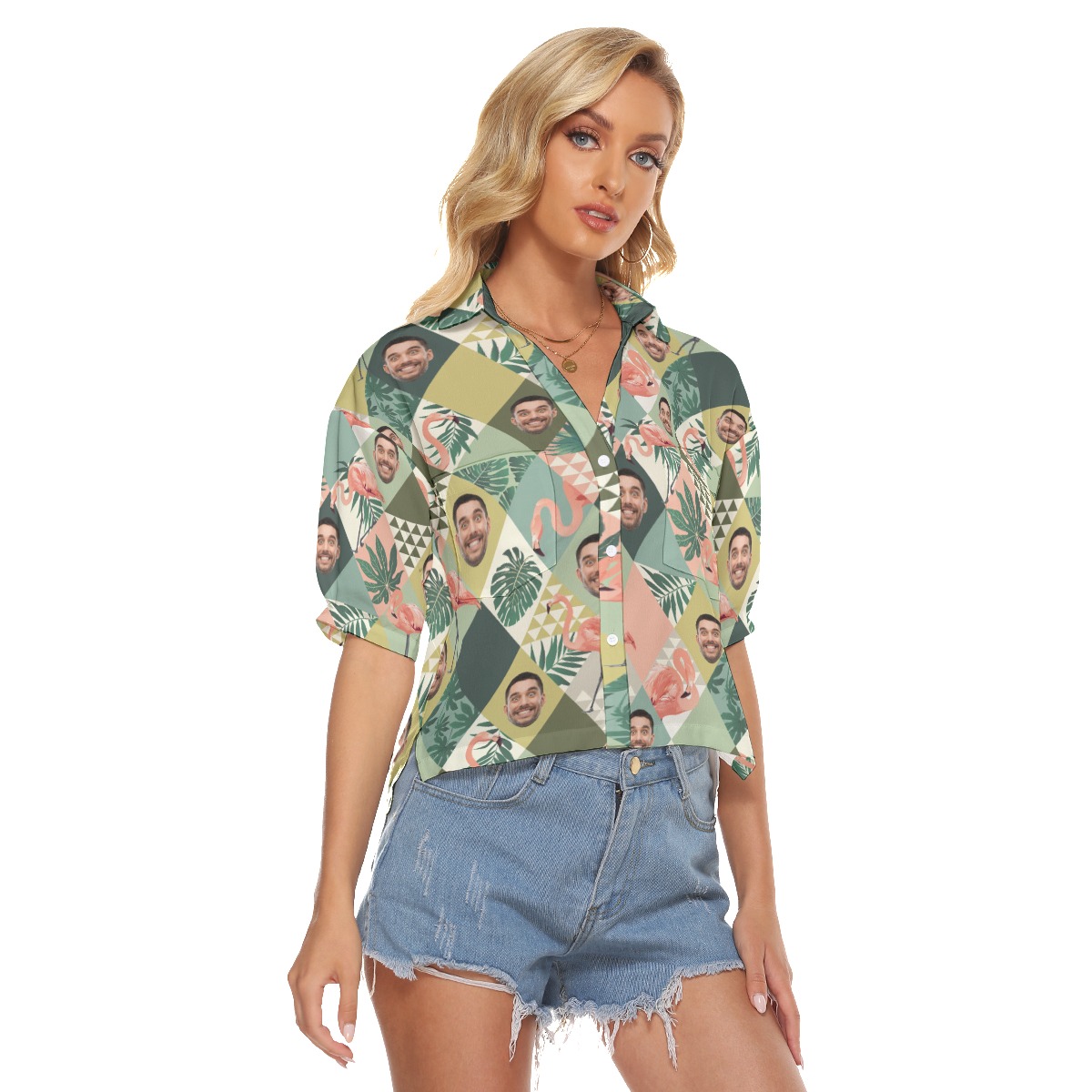 Custom Face Flamingo Green Aloha Cropped Shirt For Women