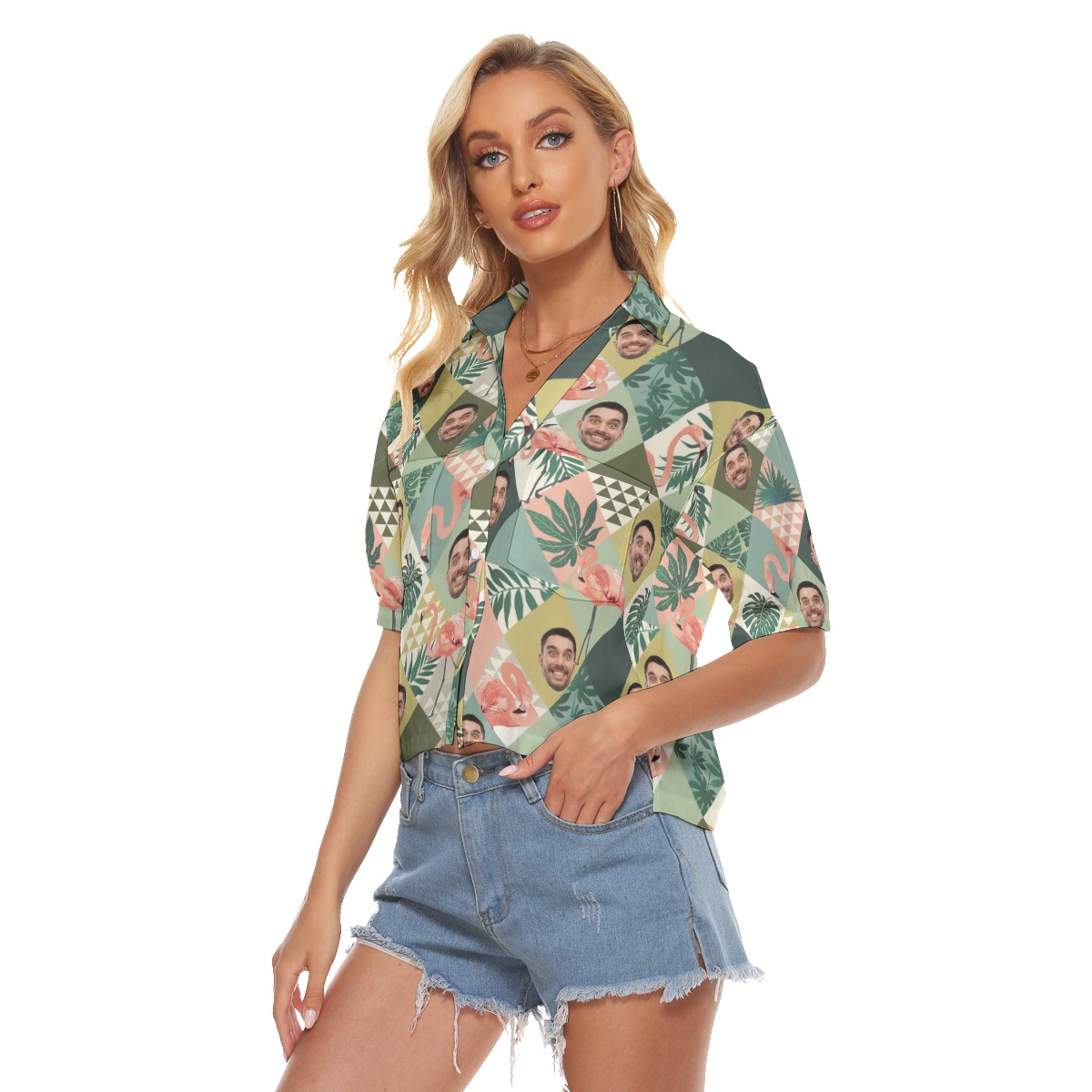 Custom Face Flamingo Green Aloha Cropped Shirt For Women