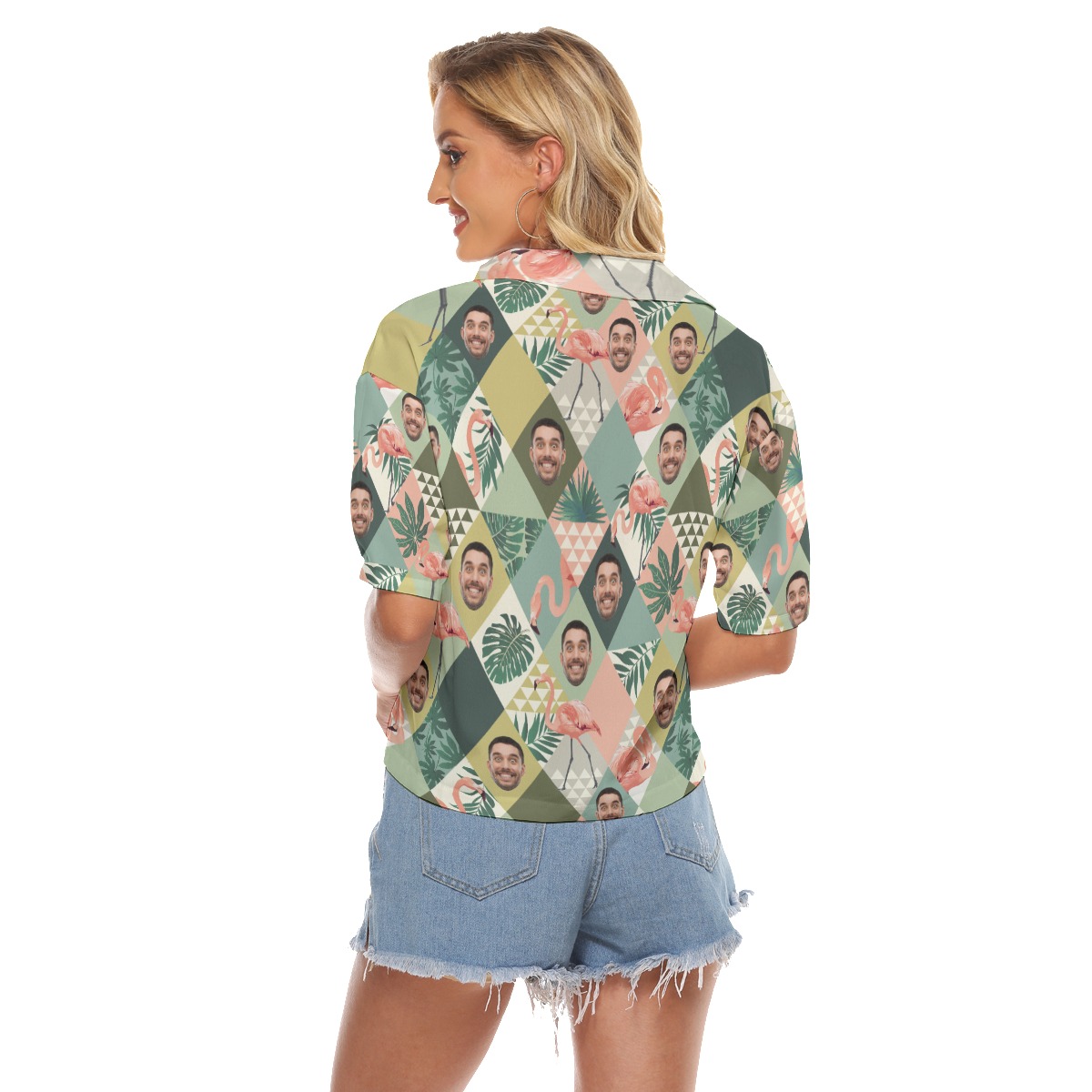 Custom Face Flamingo Green Aloha Cropped Shirt For Women