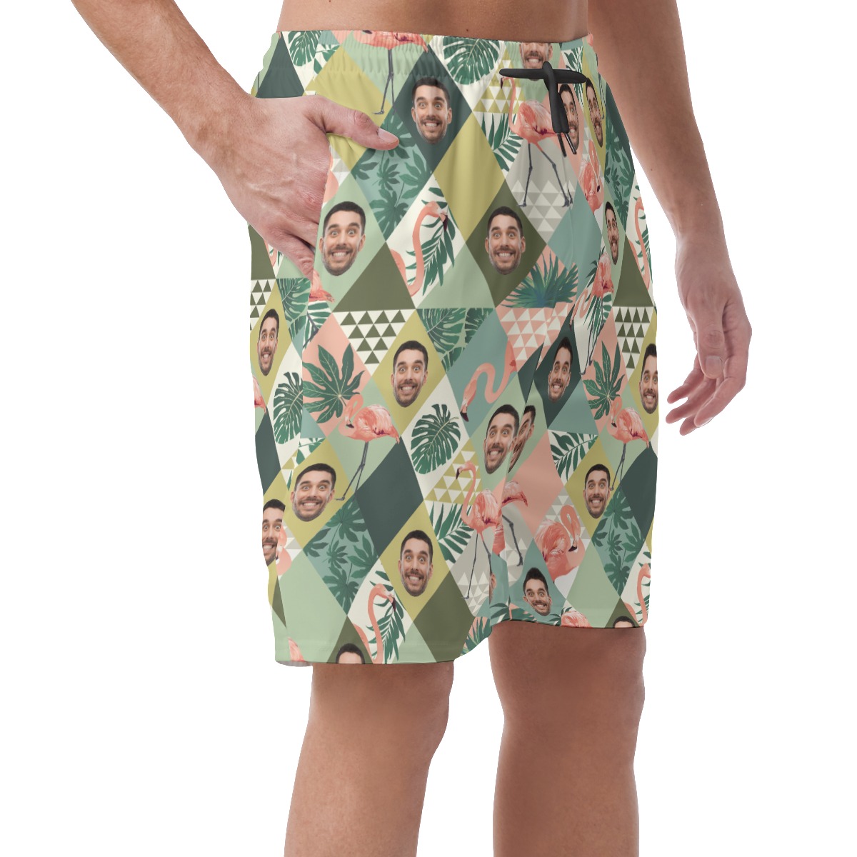 Funny Custom Face Flamingo Green Hawaiian Summer Shorts For Men