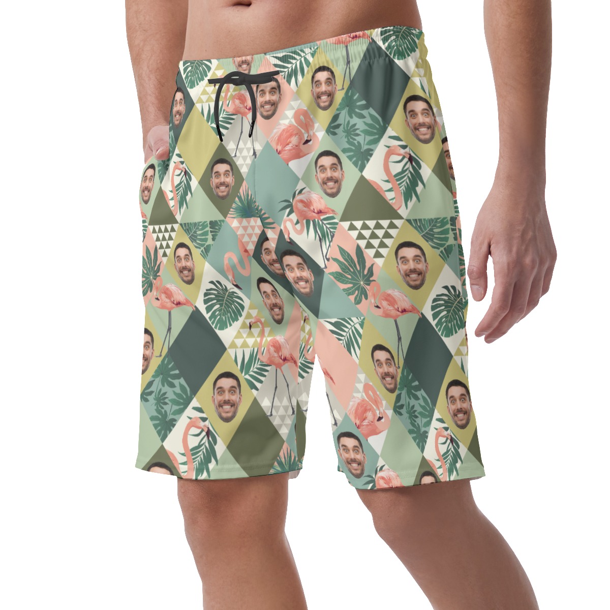 Funny Custom Face Flamingo Green Hawaiian Summer Shorts For Men