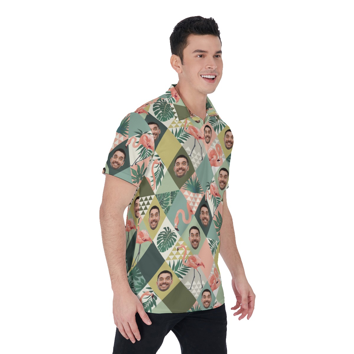 Custom Face Flamingo Green Hawaiian Golf Shirt For Men