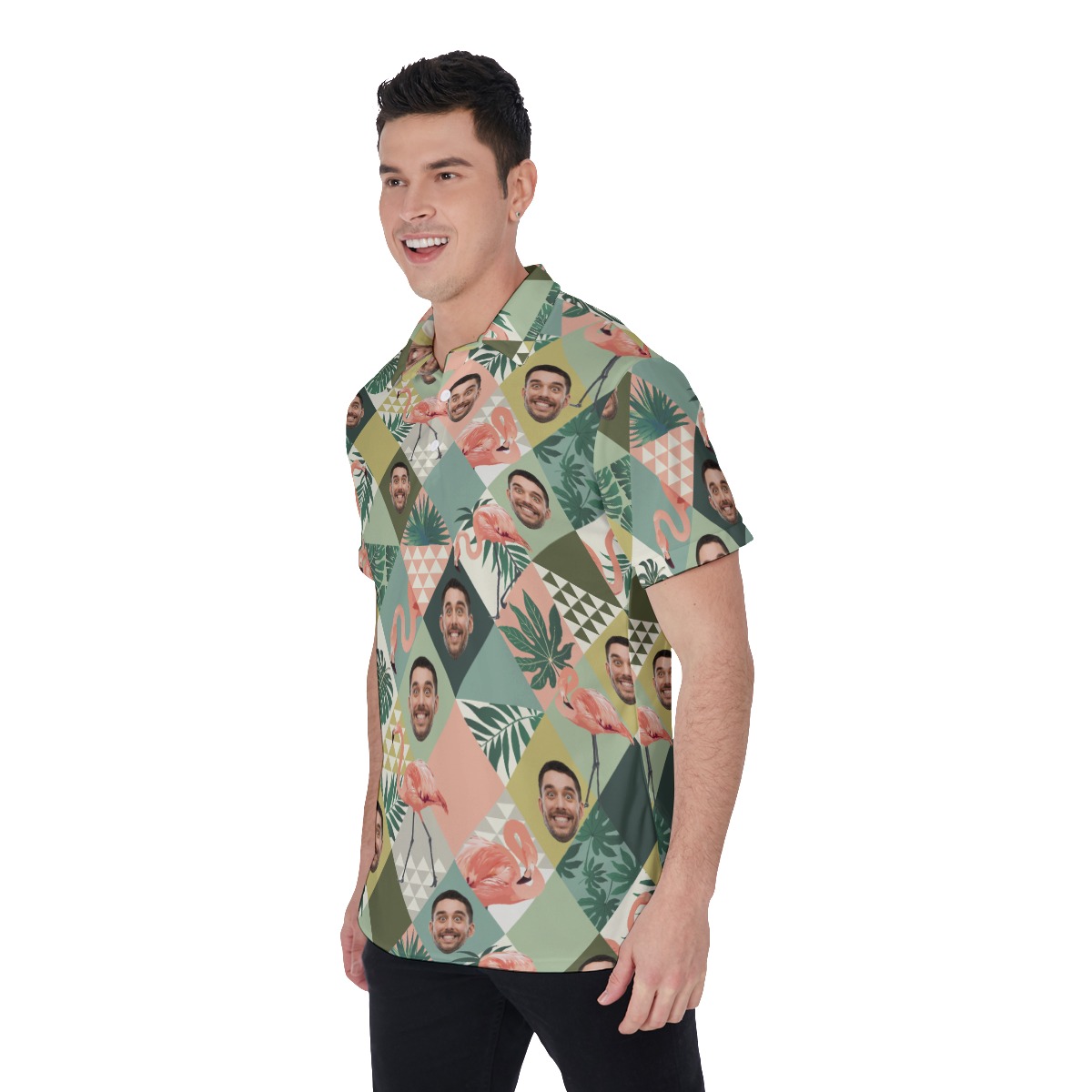 Custom Face Flamingo Green Hawaiian Golf Shirt For Men