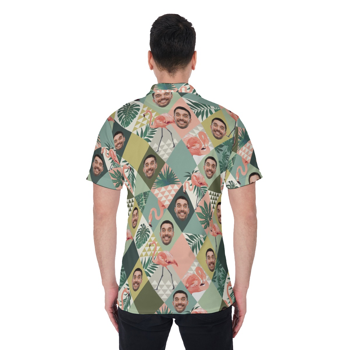 Custom Face Flamingo Green Hawaiian Golf Shirt For Men