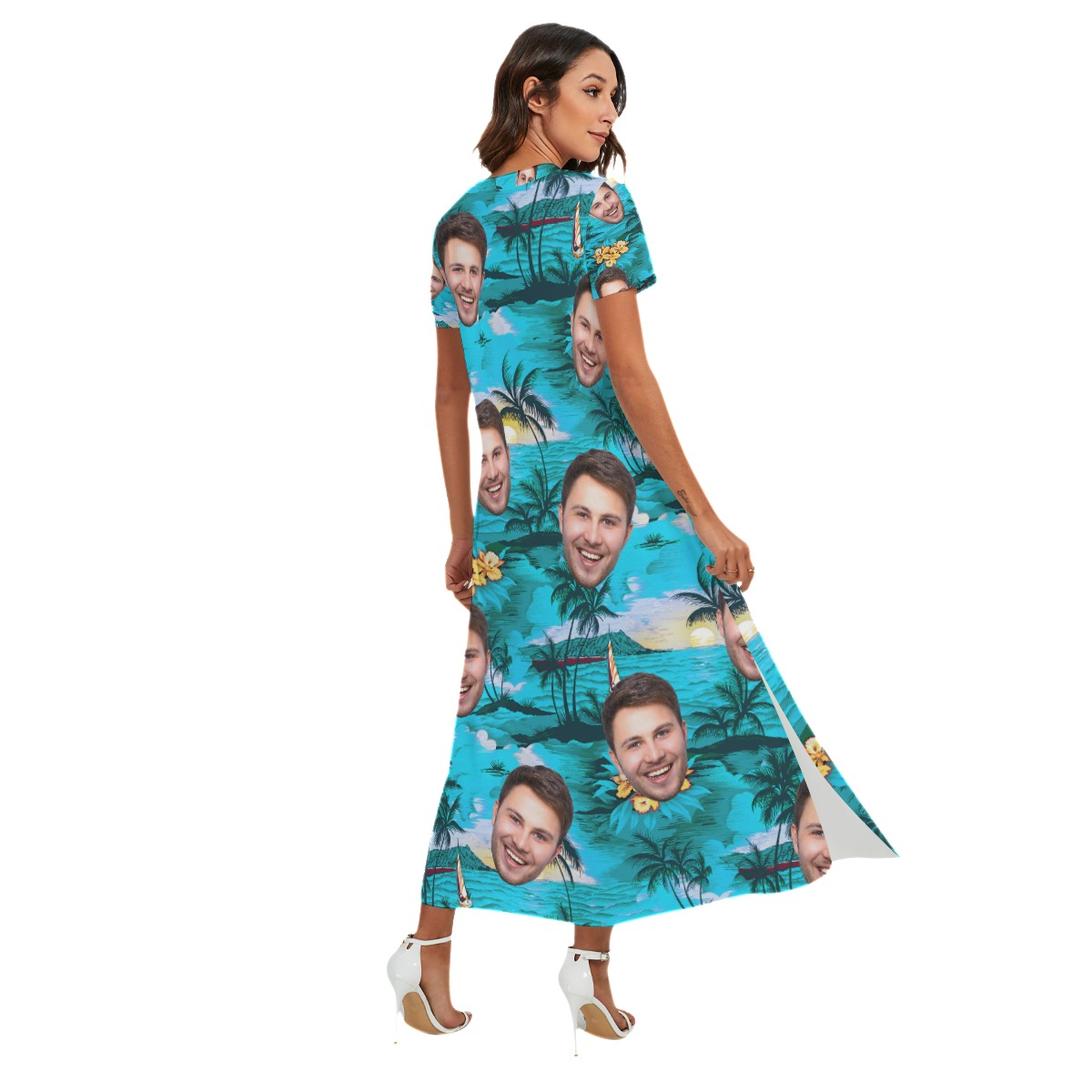 Custom Face Beach Scenery Hawaiian Dress With Side Slit