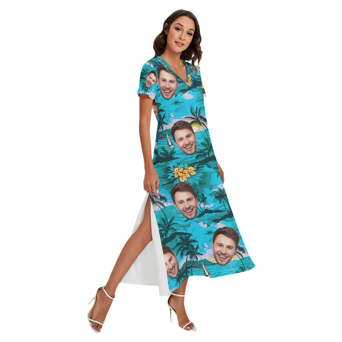 Custom Face Beach Scenery Hawaiian Dress With Side Slit