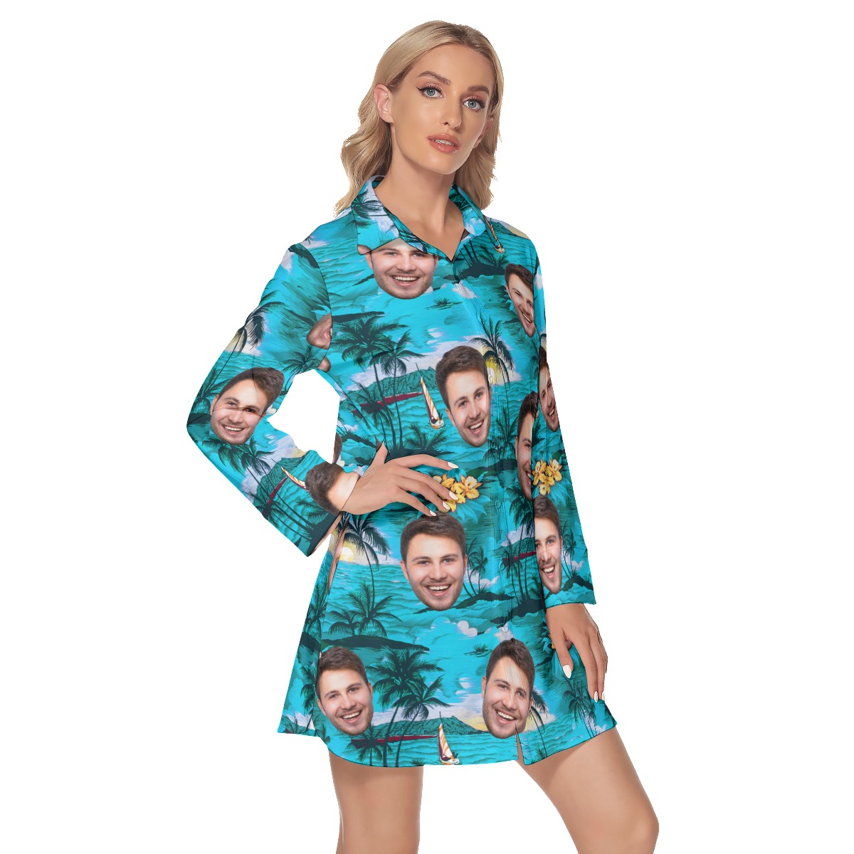 Custom Multi Face Lapel Long Sleeve Beach Dress