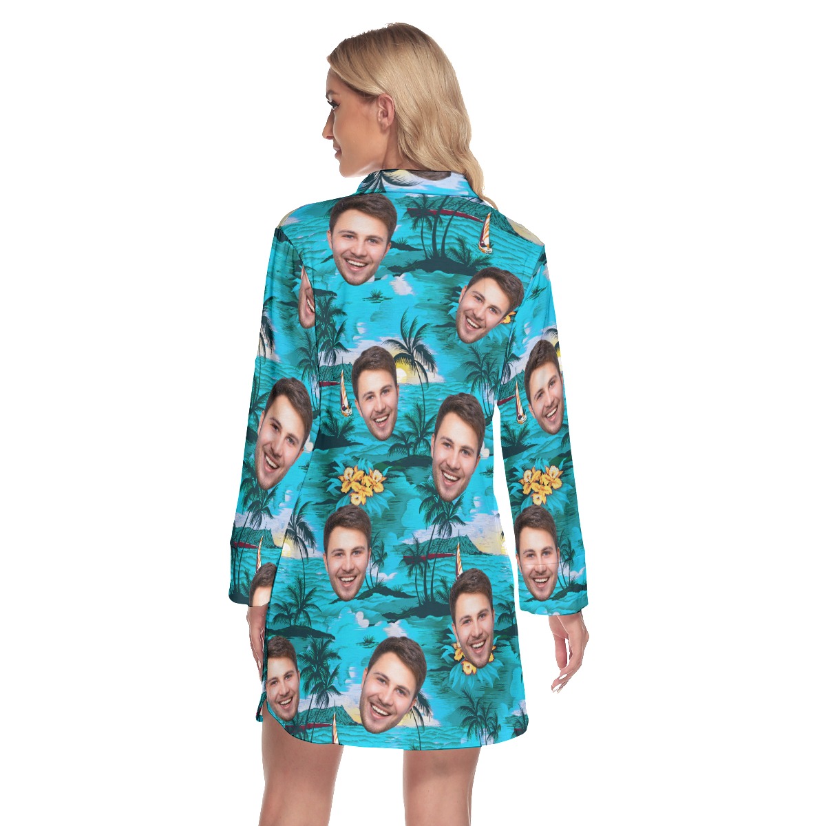 Custom Multi Face Lapel Long Sleeve Beach Dress