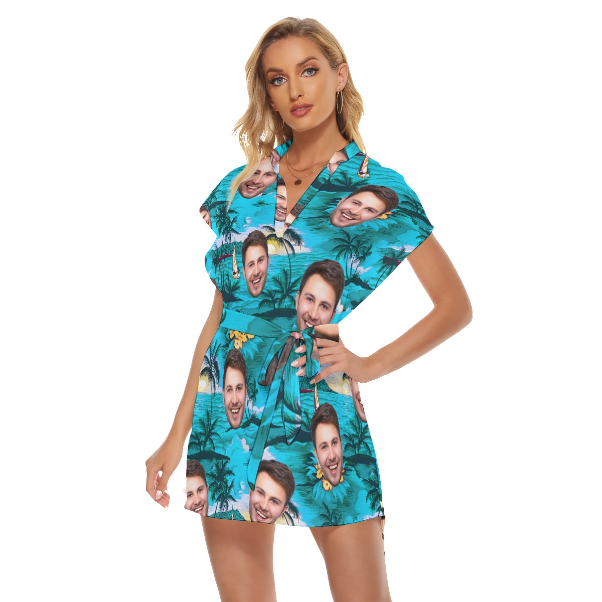 Custom Face Beach Scenery Hawaiian Dress With Belt