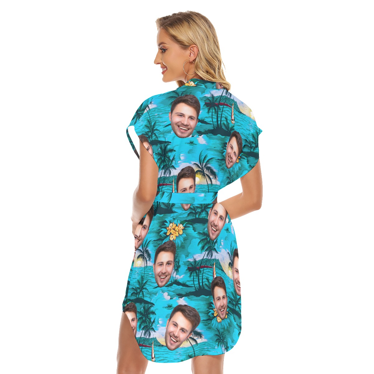 Custom Face Beach Scenery Hawaiian Dress With Belt