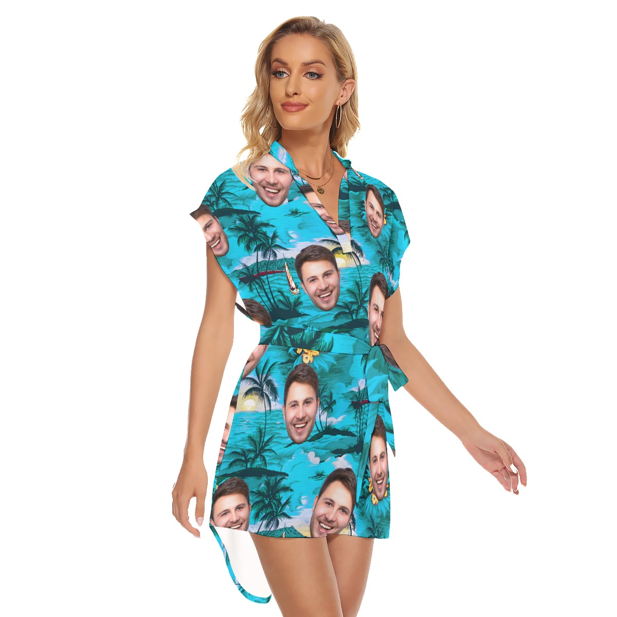 Custom Face Beach Scenery Hawaiian Dress With Belt
