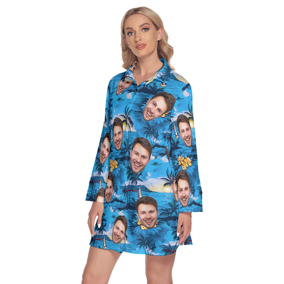 Pacific Legend Blue Lapel Long Sleeve Dress With Custom Face